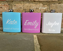 Load image into Gallery viewer, Bridesmaid flasks, personalized flask, bachelorette party gift ideas, bridesmaid proposal idea, custom flask, personalized bridesmaid gifts
