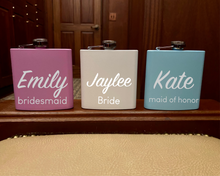 Load image into Gallery viewer, Bridesmaid flasks, personalized flask, bachelorette party gift ideas, bridesmaid proposal idea, custom flask, personalized bridesmaid gifts
