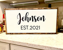 Load image into Gallery viewer, Family Name Sign, Framed Wood Sign, Wood Sign, Custom Name Sign, Mothers Day Gift, Anniversary, Engagement, Wedding Gif
